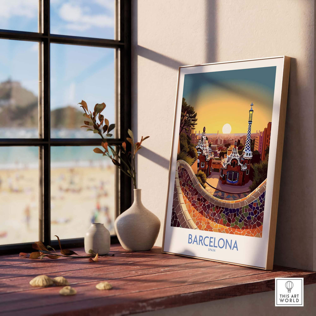 Barcelona Park Güell poster in modern decor, showcasing vibrant colors and Gaudí's artistic design by a sunny window.