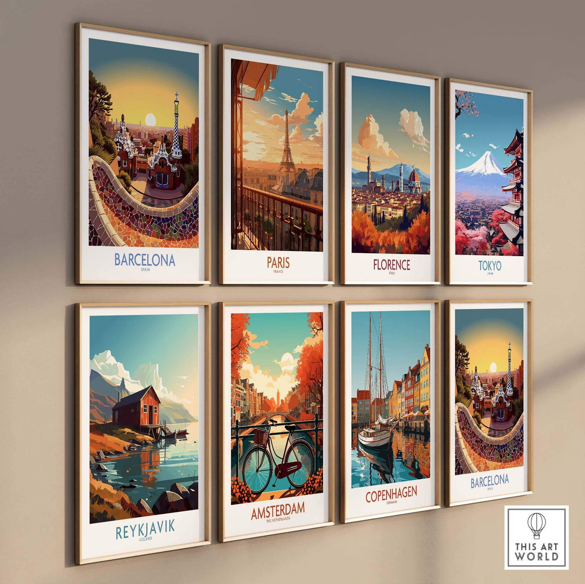 Collection of vibrant city posters featuring Barcelona, Paris, Florence, Tokyo, Reykjavik, Amsterdam, and Copenhagen.