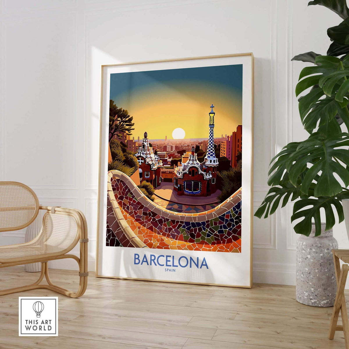 Barcelona Park Güell poster featuring vibrant colors and modern design, showcasing Gaudí's architectural marvel in a stylish interior.