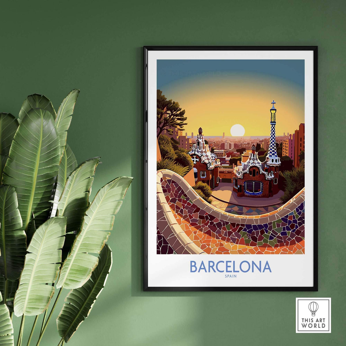 Barcelona Park Güell poster print showcasing Gaudí's vibrant architecture against a sunset backdrop. Modern wall art for home decor.