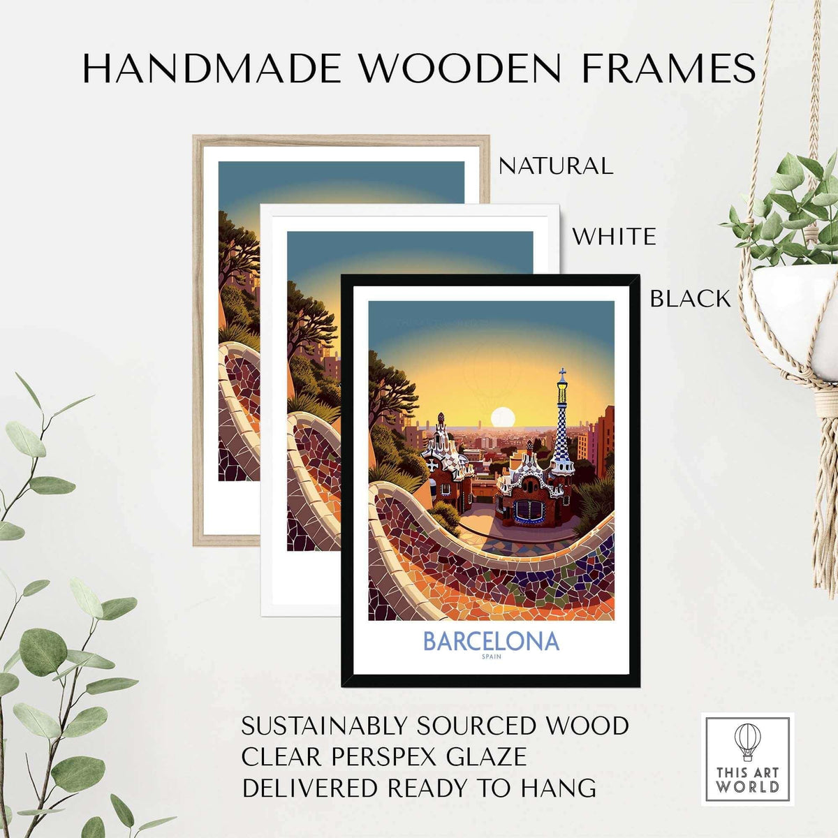 Handmade wooden frames in natural, white, and black for Barcelona Park Güell poster, sustainably sourced and ready to hang.