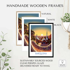 Handmade wooden frames in natural, white, and black for Barcelona Park Güell poster, sustainably sourced and ready to hang.