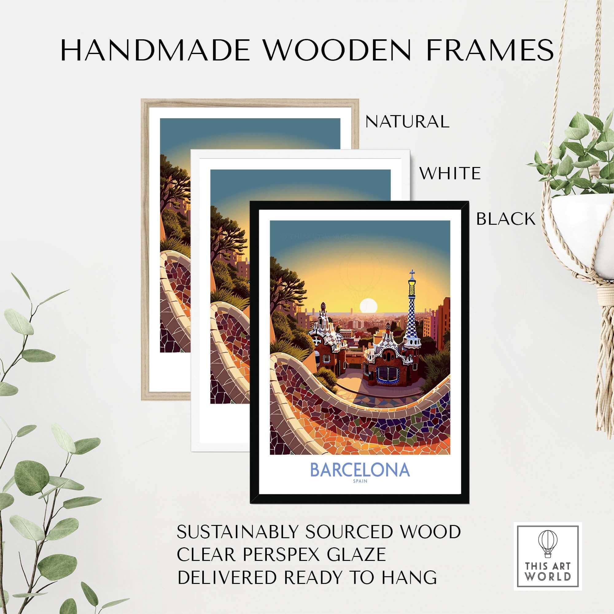 Handmade wooden frames in natural, white, and black for Barcelona Park Güell poster, sustainably sourced and ready to hang.