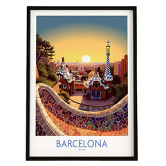 Barcelona Park Güell poster featuring vibrant colors and Gaudí's iconic architecture, perfect for modern home decor.