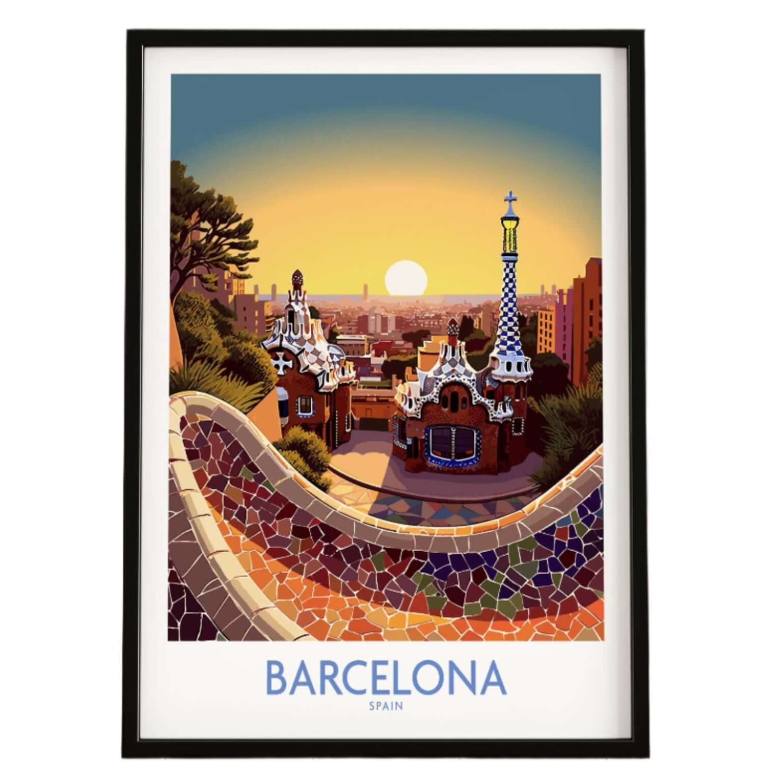 Barcelona Park Güell poster featuring vibrant colors and Gaudí's iconic architecture, perfect for modern home decor.