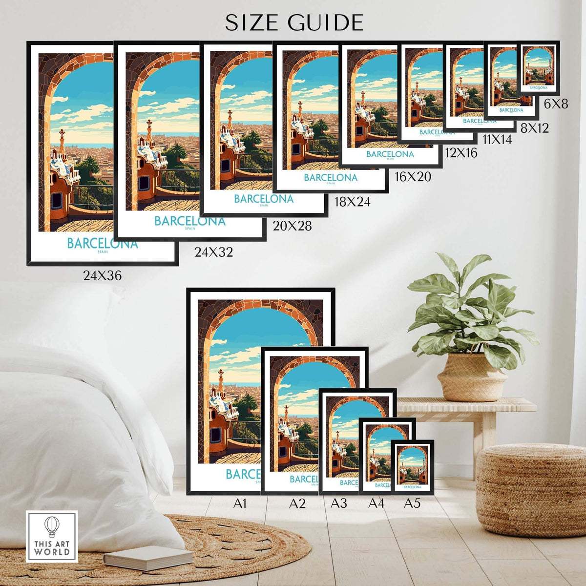 Size guide for Barcelona Wall Art prints showcasing various dimensions and styles in a home setting.