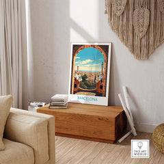 Stunning Barcelona wall art poster showcasing vibrant Catalan architecture in a cozy modern living space.