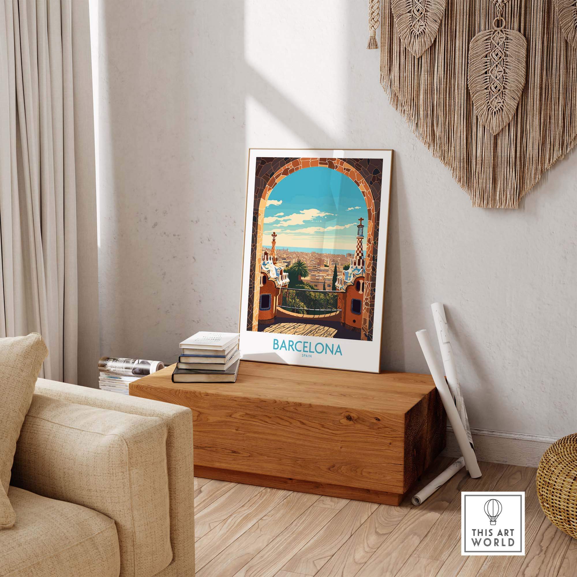 Stunning Barcelona wall art poster showcasing vibrant Catalan architecture in a cozy modern living space.