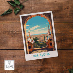 Barcelona wall art print featuring a vibrant view of Catalonia's landscape and architecture in modern style.