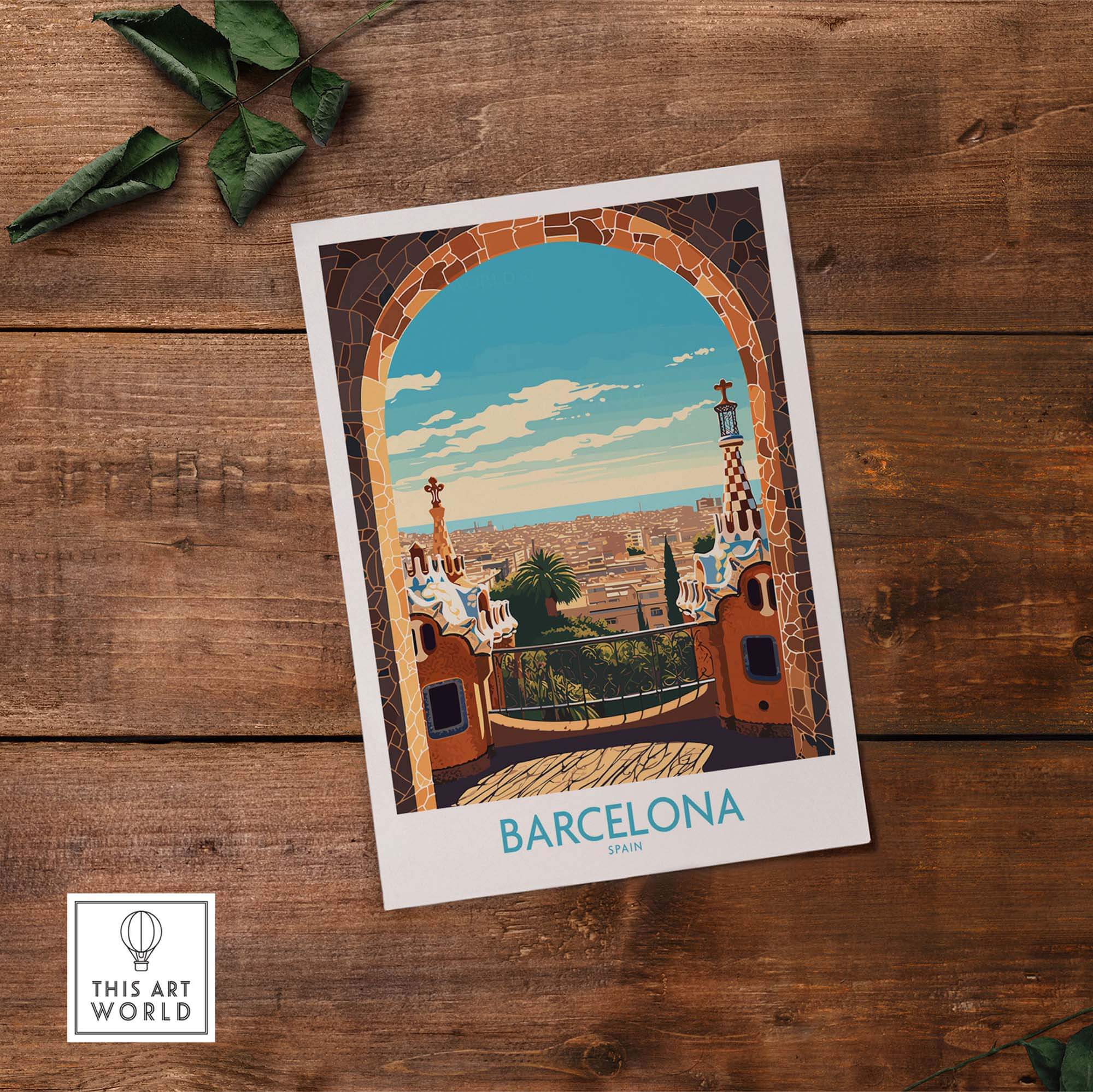 Barcelona wall art print featuring a vibrant view of Catalonia's landscape and architecture in modern style.