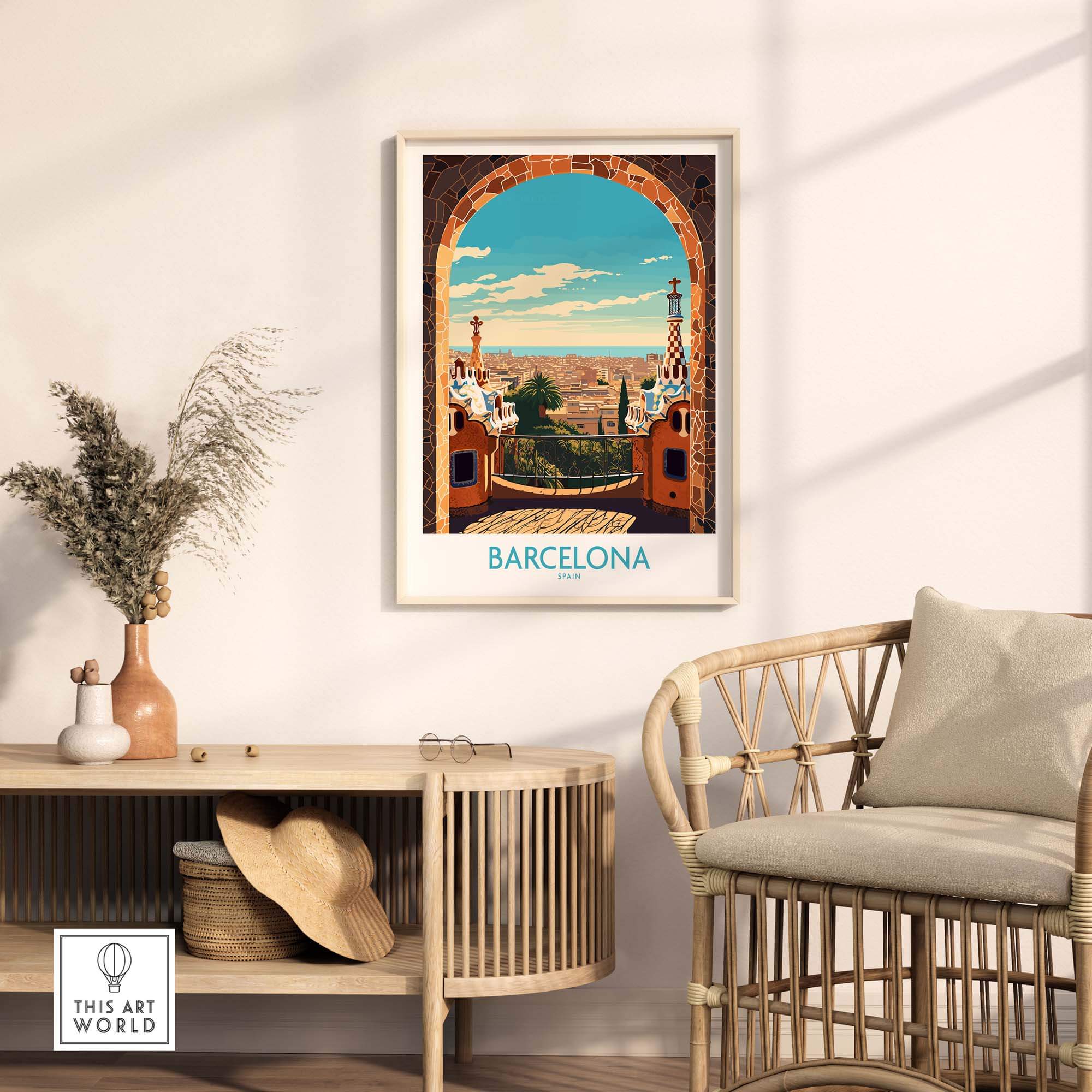 Barcelona wall art print featuring vibrant colors and a stunning view, perfect for modern home decor.