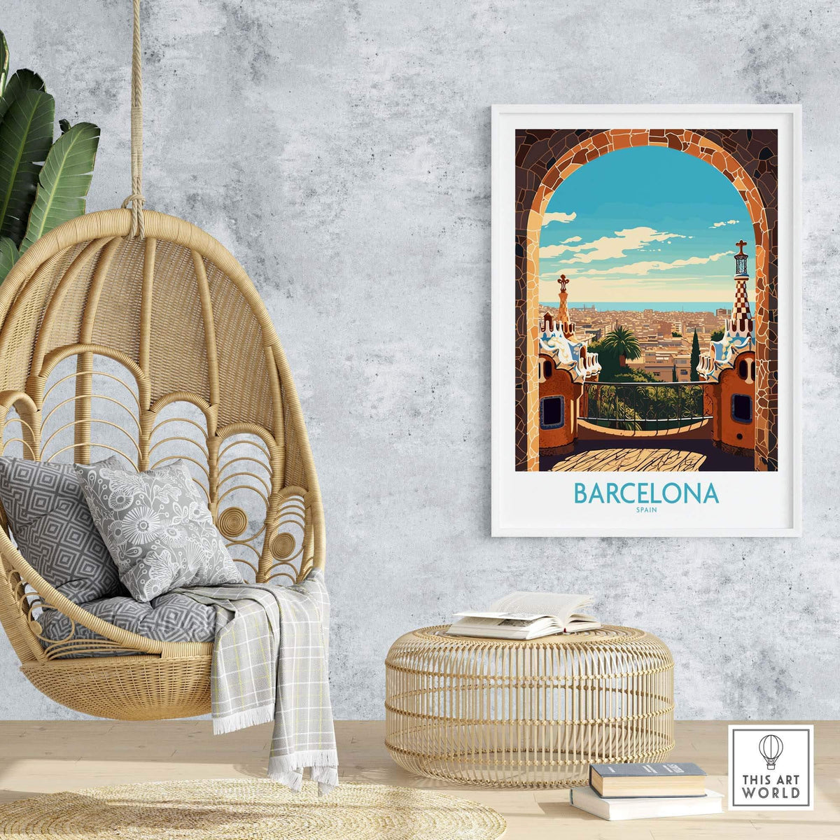 Barcelona wall art print displayed in a modern living room, featuring vivid colors and Catalan architecture.