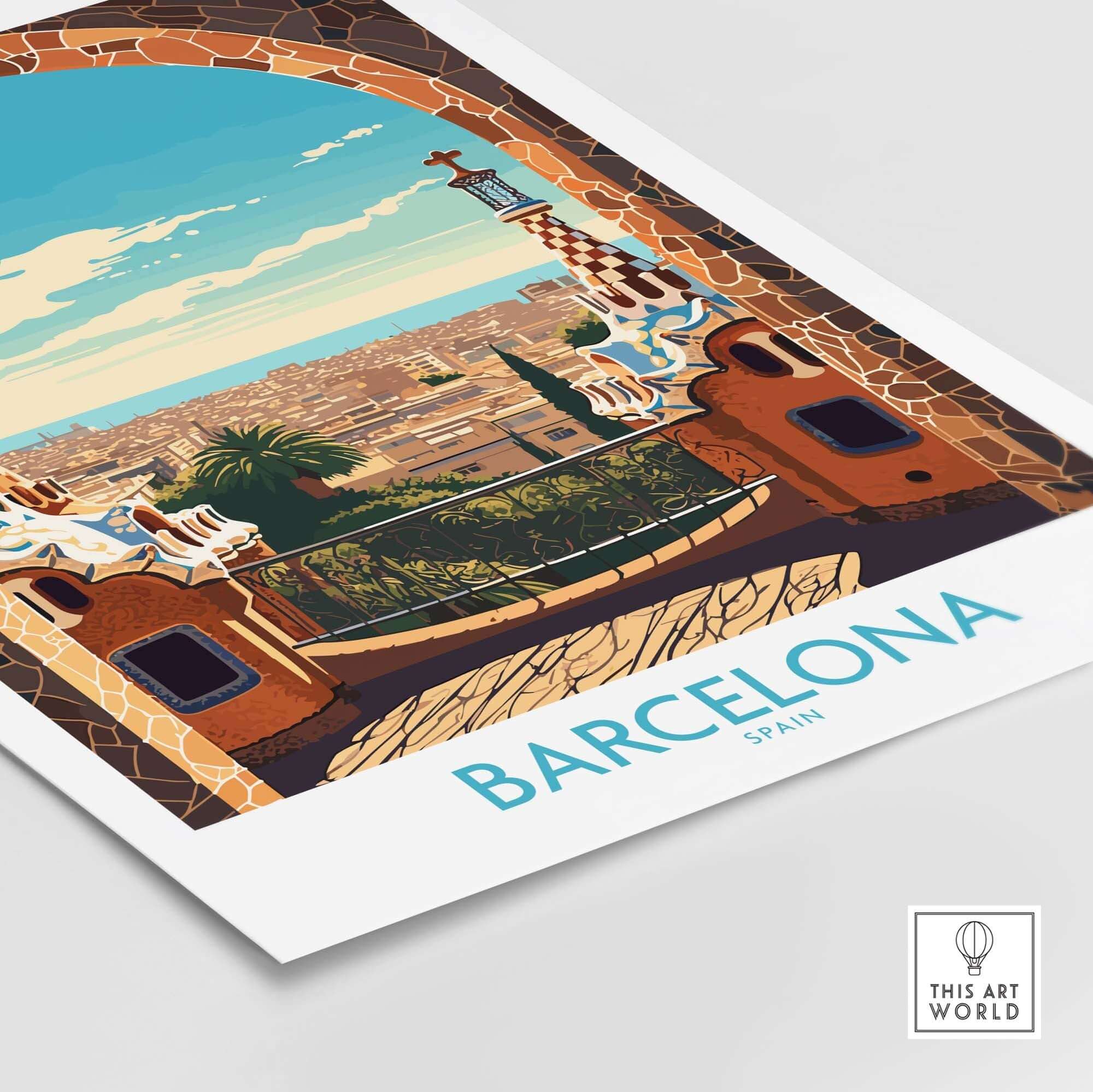 Colorful Barcelona wall art print showcasing a vibrant cityscape and iconic architecture of Spain.