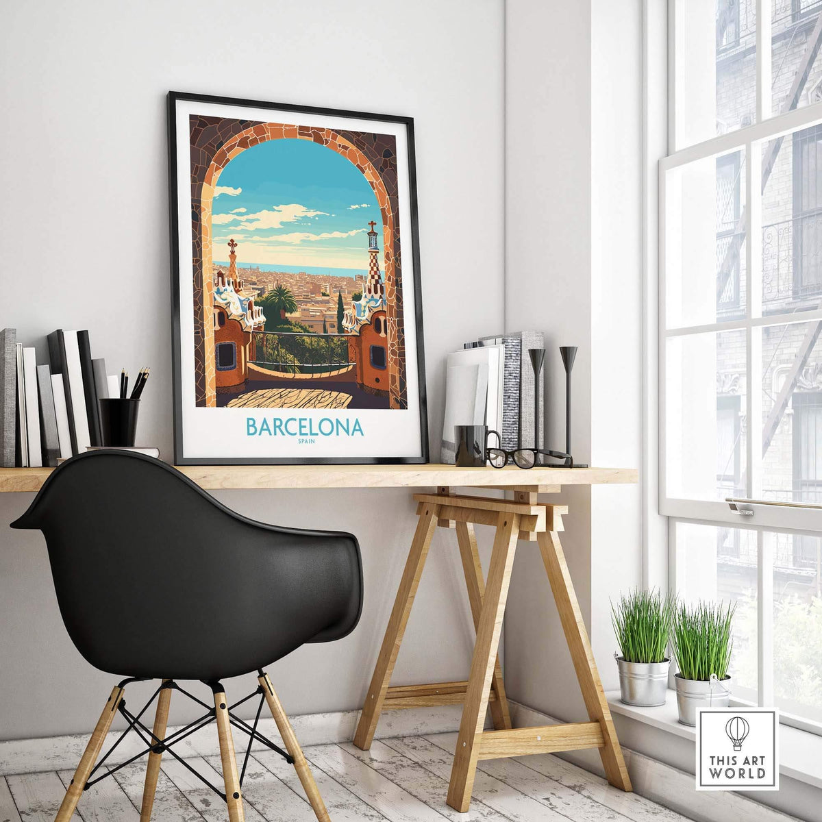 Barcelona wall art print displayed on a desk, showcasing vibrant colors and contemporary design in a modern interior setting.