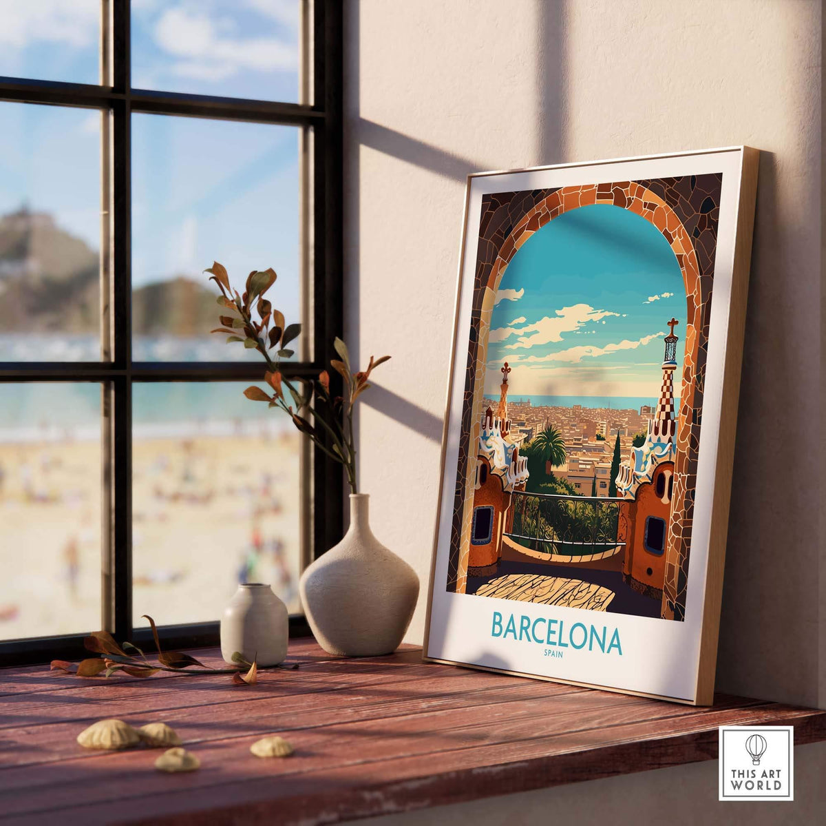 Barcelona wall art print in a modern setting with a beach view, showcasing vibrant Catalan colors and culture.
