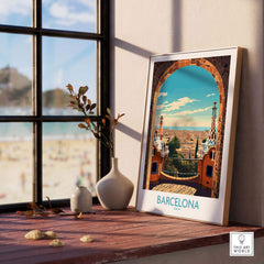 Barcelona wall art print in a modern setting with a beach view, showcasing vibrant Catalan colors and culture.