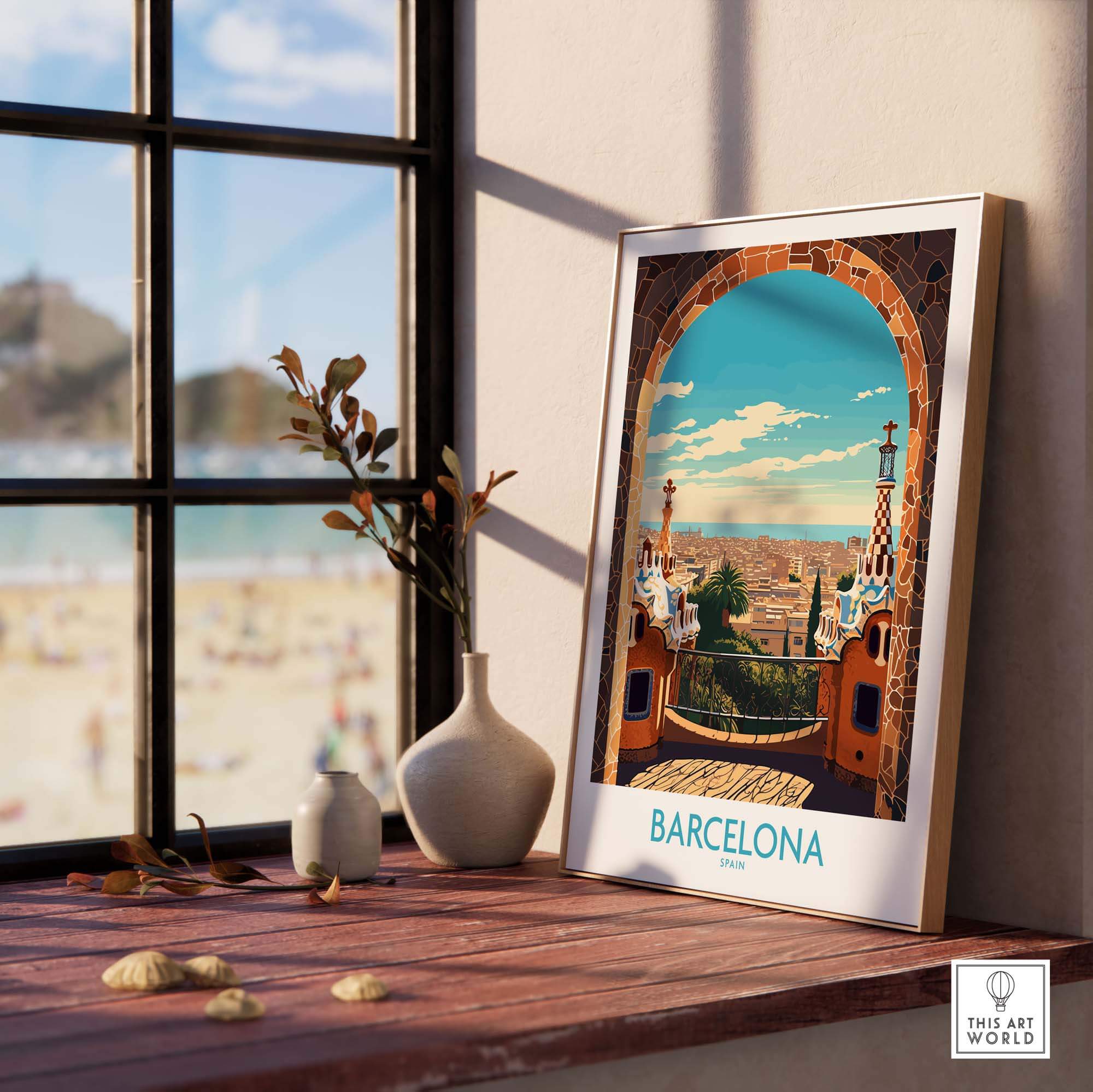 Barcelona wall art print in a modern setting with a beach view, showcasing vibrant Catalan colors and culture.