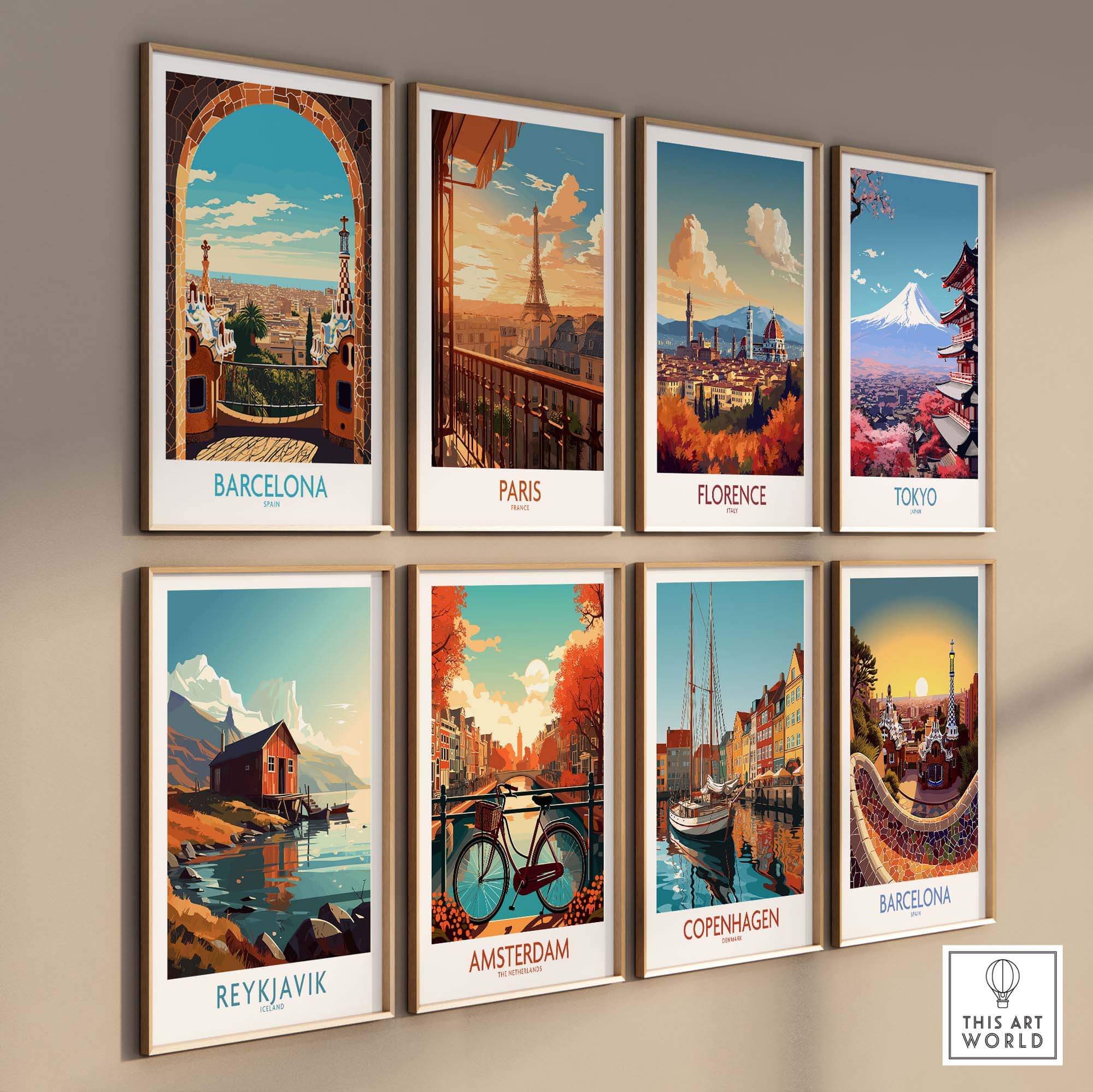 Barcelona and global city travel art prints in a modern gallery wall display, showcasing vibrant colors and iconic landmarks.