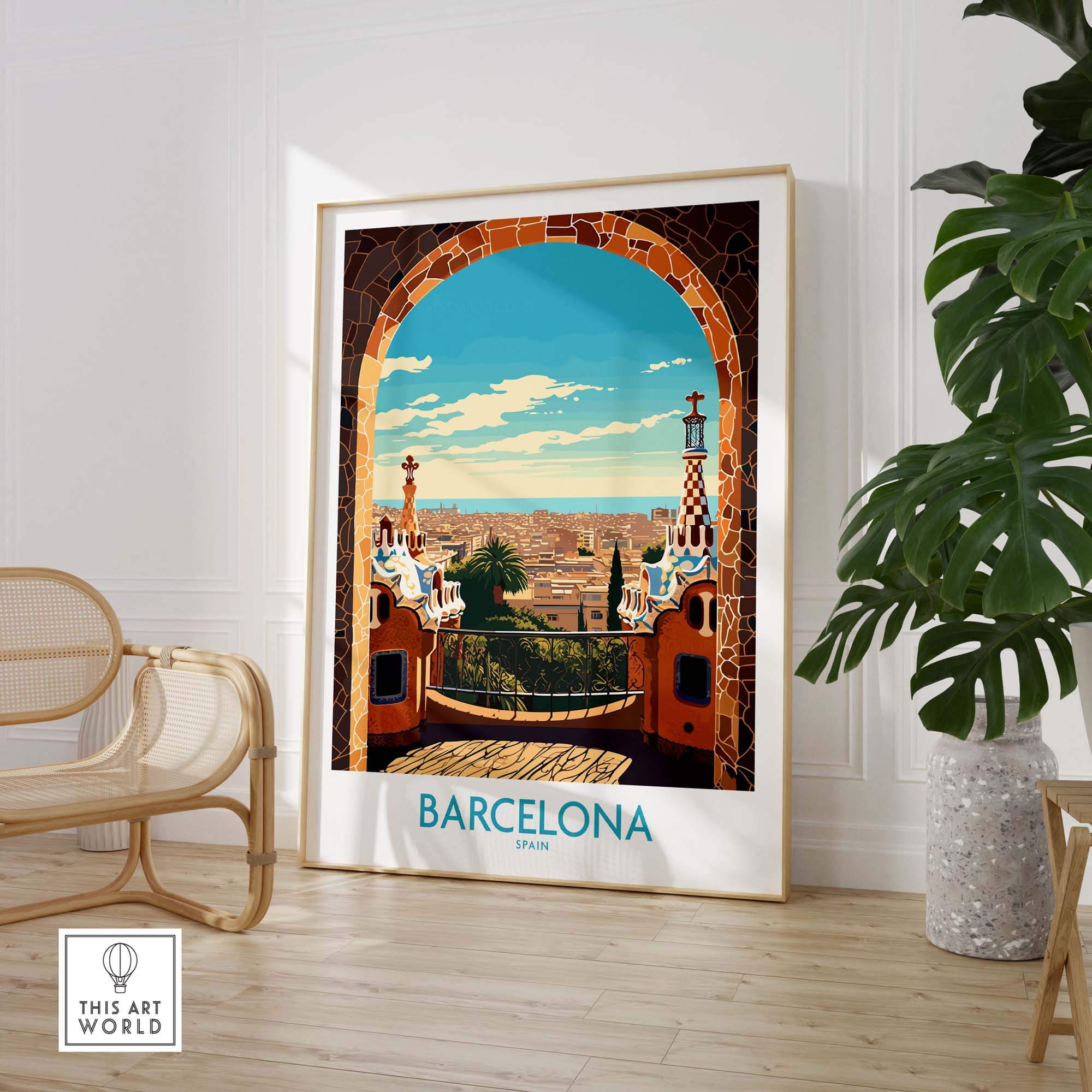 Modern Barcelona wall art print featuring vibrant colors and stunning Catalan architecture in a stylish home setting.