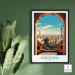 Barcelona travel poster print showcasing vibrant colors and Catalan architecture against a green wall.