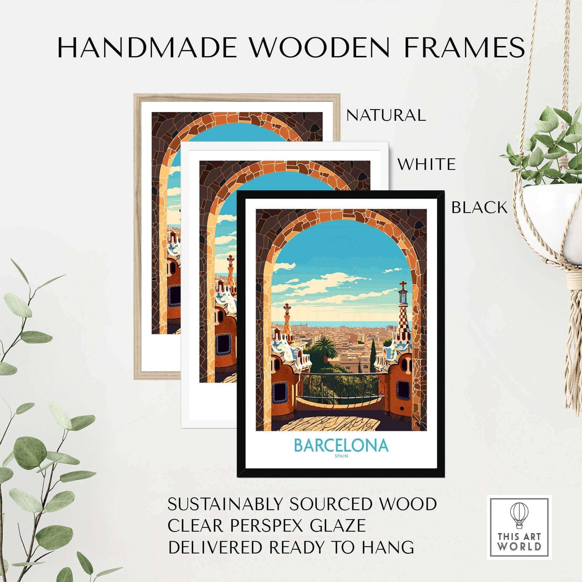 Handmade wooden frames in natural, white, and black for Barcelona wall art, sustainably sourced wood, clear perspex glaze.