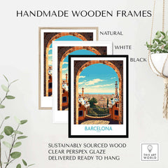 Handmade wooden frames in natural, white, and black for Barcelona wall art, sustainably sourced wood, clear perspex glaze.