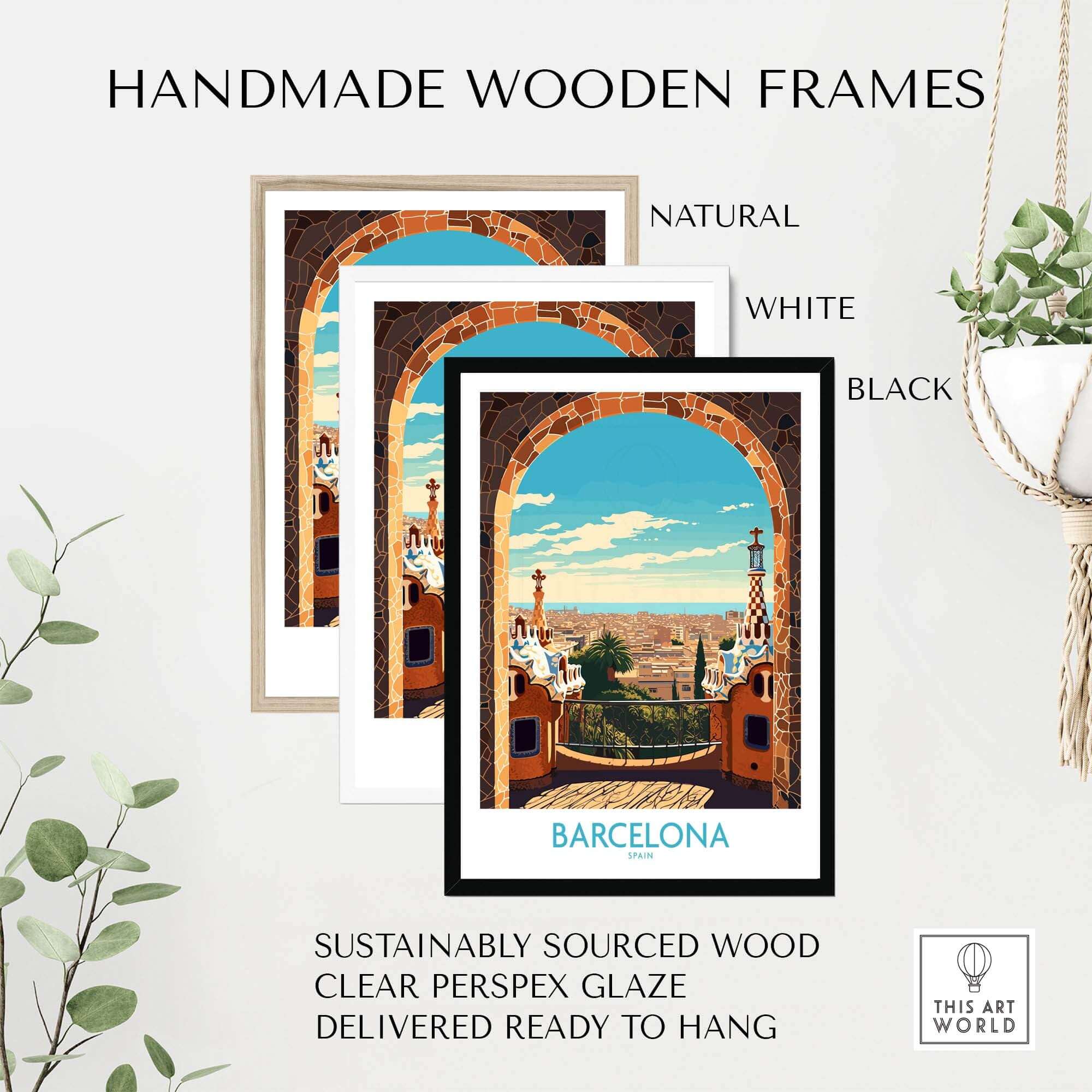 Handmade wooden frames in natural, white, and black for Barcelona wall art, sustainably sourced wood, clear perspex glaze.