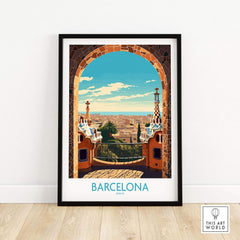 Barcelona travel poster print showcasing a vibrant view of the city and Catalan architecture, perfect for modern home decor.