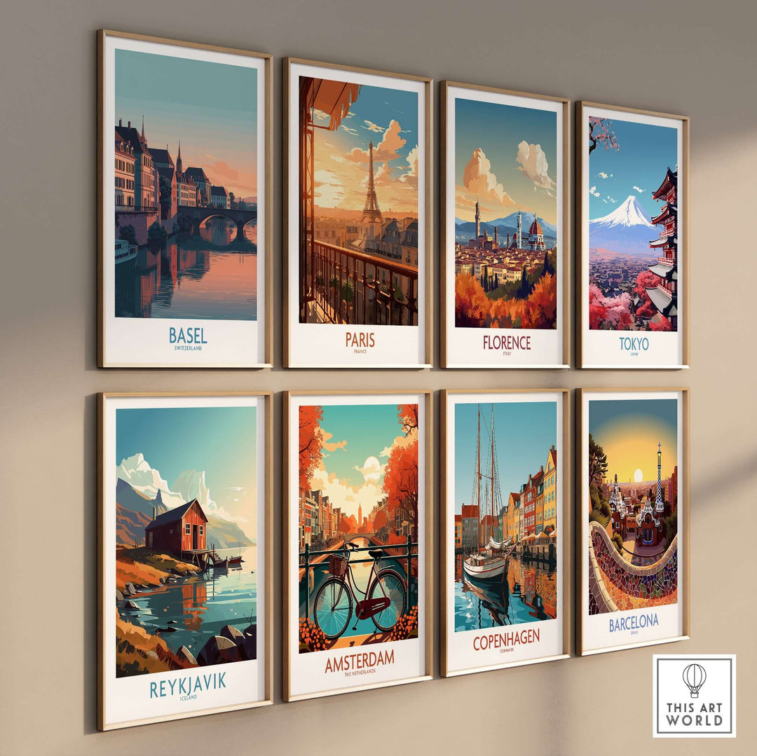 Gallery of travel posters: Basel, Paris, Florence, Tokyo, Reykjavik, Amsterdam, Copenhagen, Barcelona.