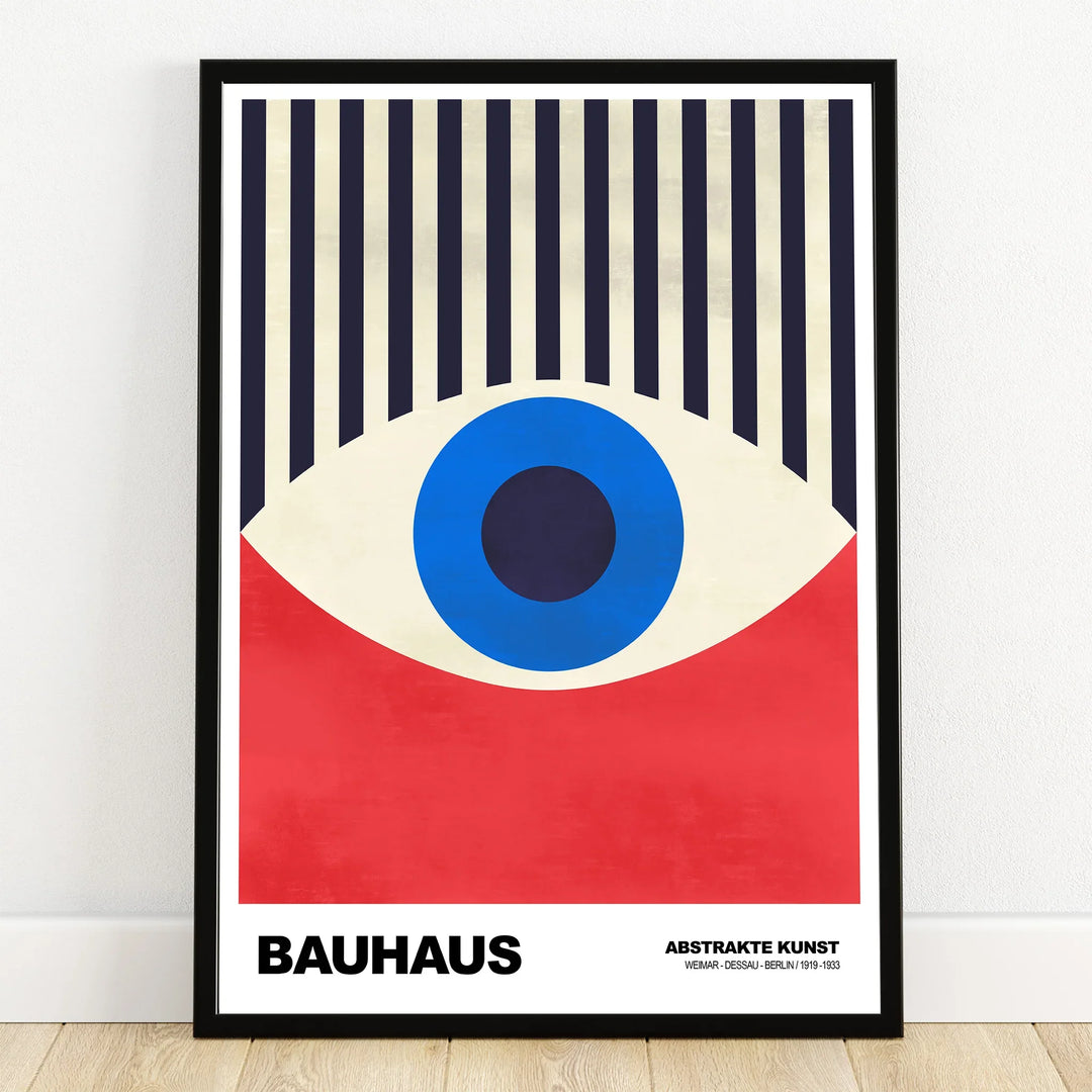 Bauhaus abstract art print with geometric shapes, blue eye motif, black frame, modern wall decor