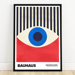 Bauhaus abstract art print with geometric shapes, blue eye motif, black frame, modern wall decor