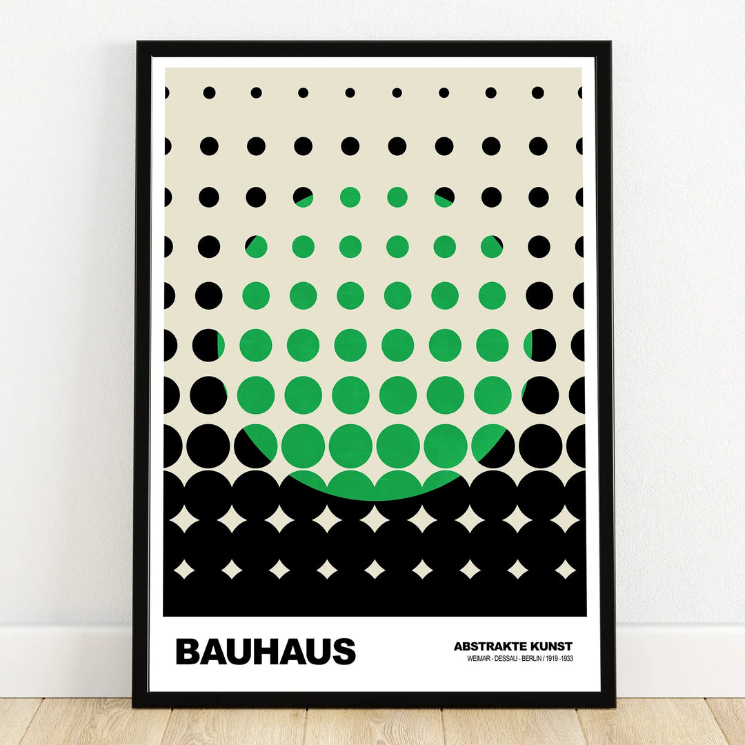Bauhaus abstract art print with green and black geometric dots in a black frame
