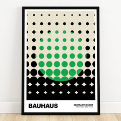 Bauhaus abstract art print with green and black geometric dots in a black frame