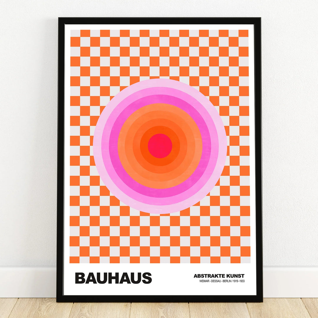Bauhaus style abstract art print with orange checkered pattern and concentric circles, framed wall decor