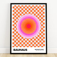 Bauhaus style abstract art print with orange checkered pattern and concentric circles, framed wall decor