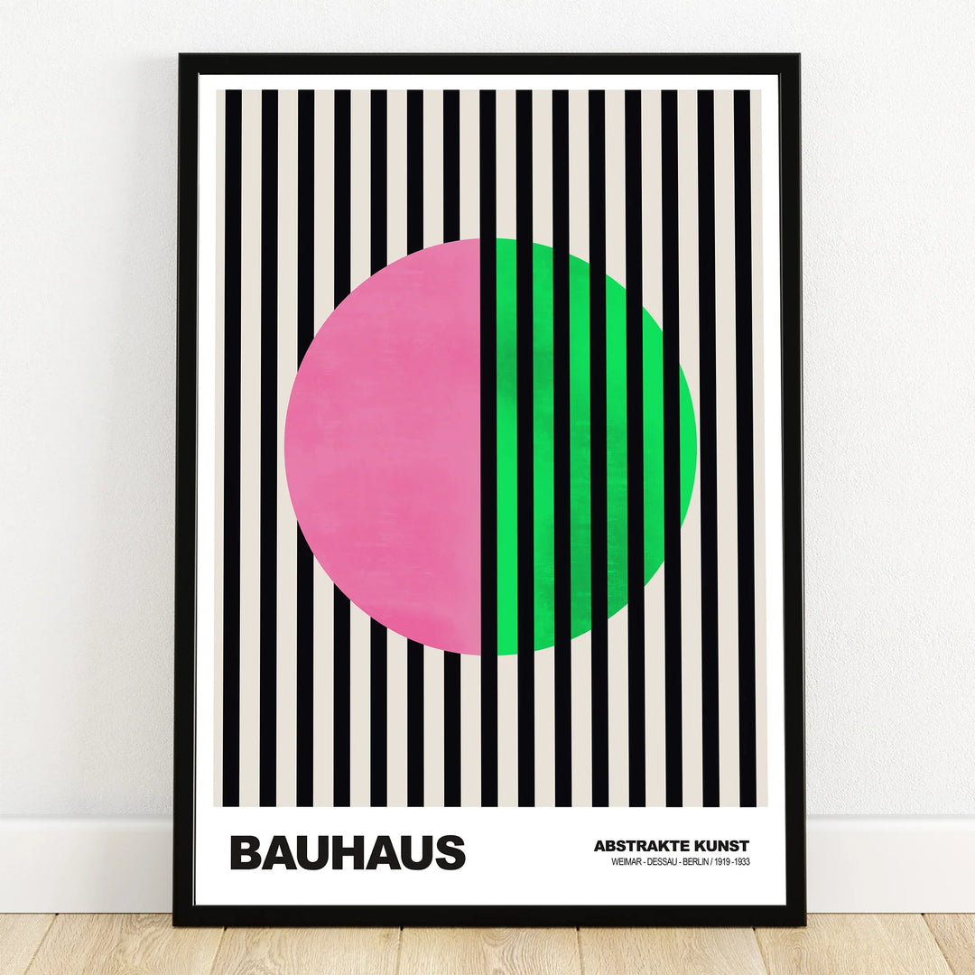Bauhaus abstract art print with black stripes, pink and green circle in black frame