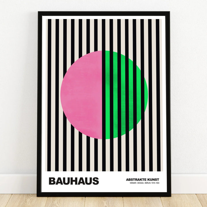 Bauhaus abstract art print with black stripes, pink and green circle in black frame