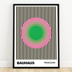 Bauhaus abstract art print with bold green and pink concentric circles on black and white stripes