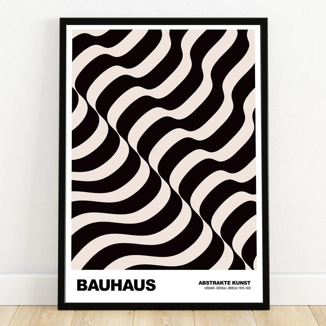 Bauhaus abstract art print with black wavy lines in a modern black frame on white wall