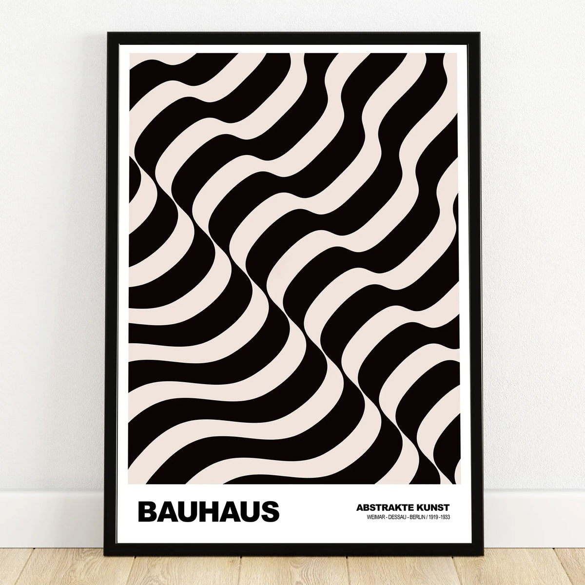 Bauhaus abstract art print with black wavy lines in a modern black frame on white wall