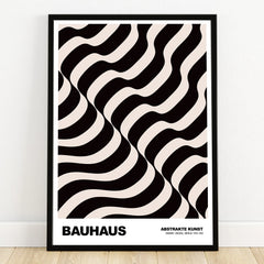 Bauhaus abstract art print with black wavy lines in a modern black frame on white wall