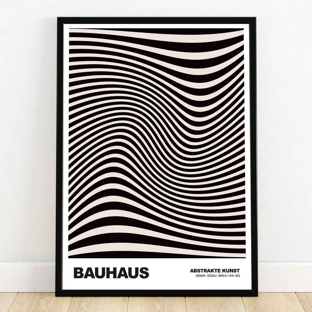 Bauhaus abstract art print with wavy black stripes in a black frame, modern wall decor
