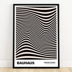 Bauhaus abstract art print with wavy black stripes in a black frame, modern wall decor