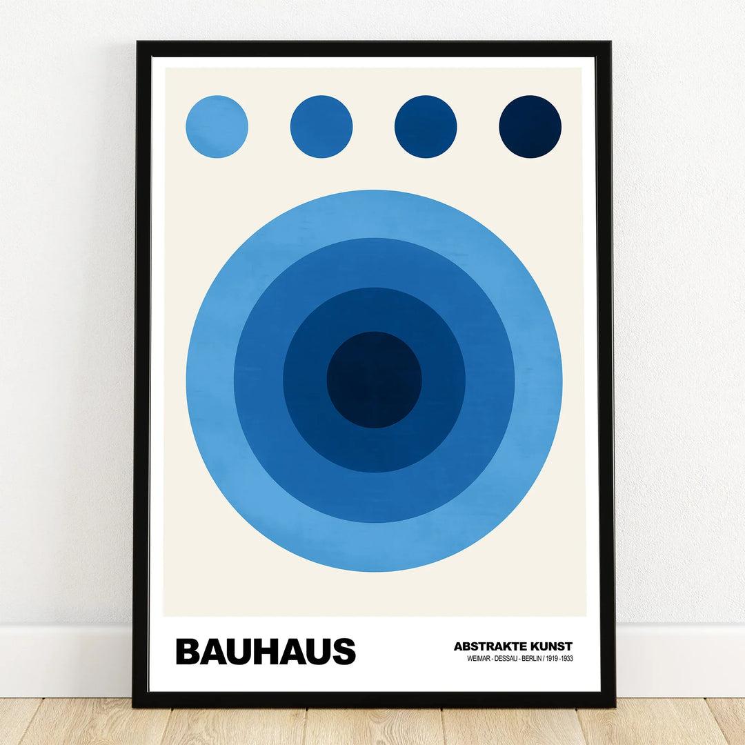 Bauhaus art print with blue geometric circles, abstract wall decor in black frame