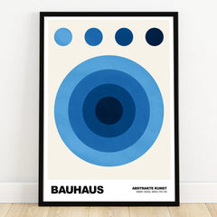 Bauhaus art print with blue geometric circles, abstract wall decor in black frame