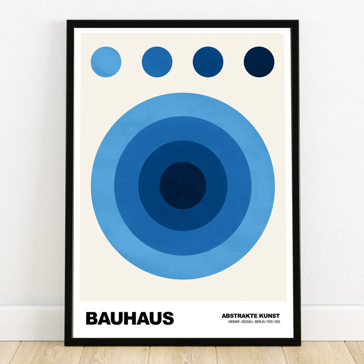 Bauhaus art print with blue geometric circles, abstract wall decor in black frame