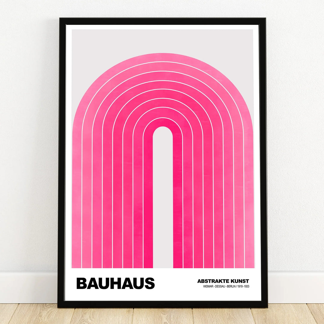 Bauhaus abstract wall art print with pink geometric arch in black frame, modern home decor