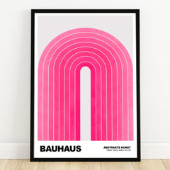 Bauhaus abstract wall art print with pink geometric arch in black frame, modern home decor