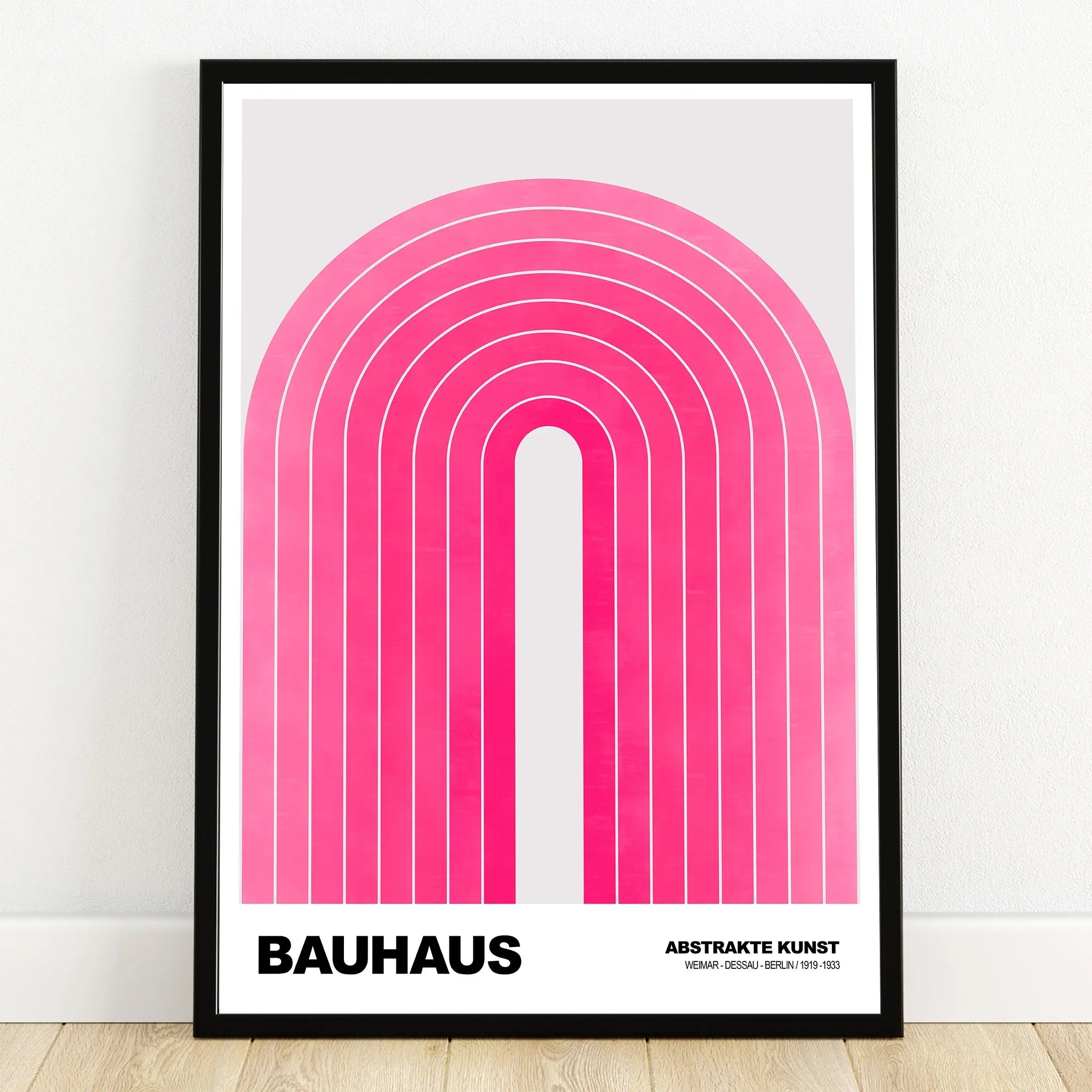 Bauhaus abstract wall art print with pink geometric arch in black frame, modern home decor
