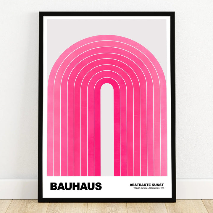 Bauhaus abstract wall art print with pink geometric arch in black frame, modern home decor